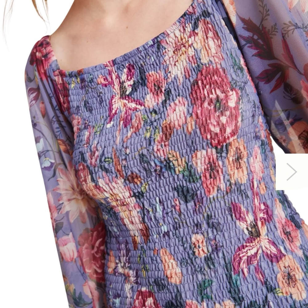 Anthropologie Rouen Smocked Mesh Top Size Medium Purple Floral Cropped - Picture 2 of 13